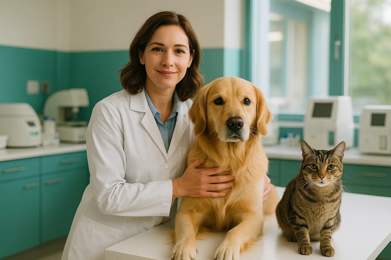 Veterinária com cão e gato no laboratório São Lucas Vet